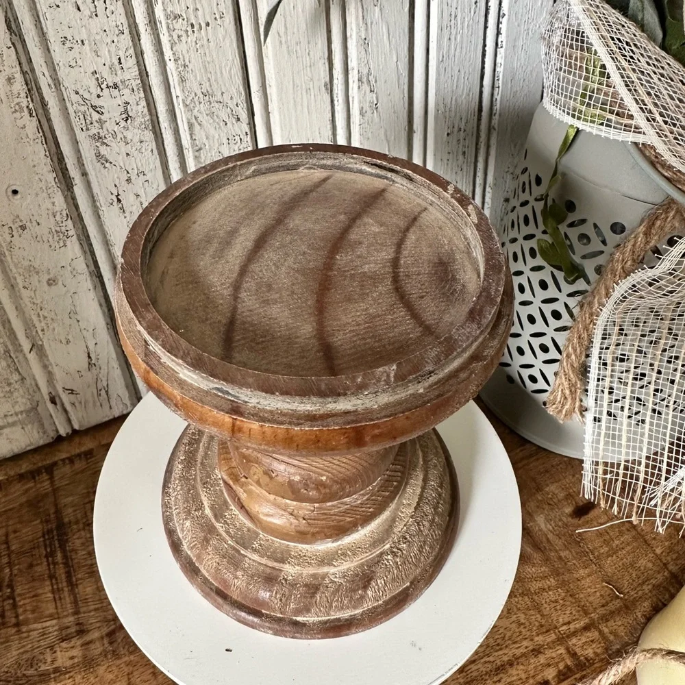 Pair of Rustic Wood Pillar Candle Stick - Picture 4 of 5